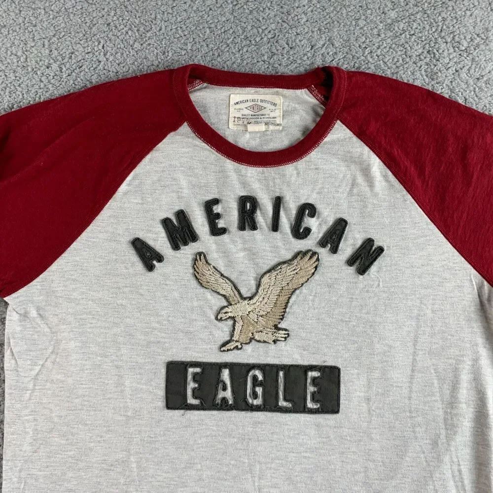 NEW American‎ Eagle T shirt Mens XL Gray Red Vintage Classic Fit Raglan Baseball